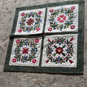 Handmade Appliqué Floral Quilt - Red, Green, Blue on Cream